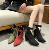 Xajzpa - Flock Buckle Zipper Type-V Autumn Winter Women Ankle Boots Fashion Pointed Toe Square High