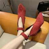 Xajzpa - Flock Buckle Zipper Type-V Autumn Winter Women Ankle Boots Fashion Pointed Toe Square High