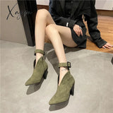 Xajzpa - Flock Buckle Zipper Type-V Autumn Winter Women Ankle Boots Fashion Pointed Toe Square High