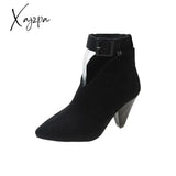 Xajzpa - Flock Buckle Zipper Type-V Autumn Winter Women Ankle Boots Fashion Pointed Toe Square High