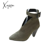 Xajzpa - Flock Buckle Zipper Type-V Autumn Winter Women Ankle Boots Fashion Pointed Toe Square High