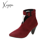 Xajzpa - Flock Buckle Zipper Type-V Autumn Winter Women Ankle Boots Fashion Pointed Toe Square High