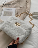 Xajzpa - Fuzzy Quilted Chain Shoulder Bag