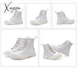 Xajzpa - Genuine Leather Boots Women White Ankle Motorcycle Female Autumn Winter Shoes Woman Punk