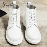 Xajzpa - Genuine Leather Boots Women White Ankle Motorcycle Female Autumn Winter Shoes Woman Punk