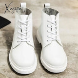 Xajzpa - Genuine Leather Boots Women White Ankle Motorcycle Female Autumn Winter Shoes Woman Punk