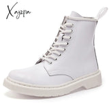 Xajzpa - Genuine Leather Boots Women White Ankle Motorcycle Female Autumn Winter Shoes Woman Punk