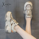 Xajzpa - Genuine Leather Comfy Hollow Sandals Breathable Rhinestones Deco Shoe Chunky Sneakers