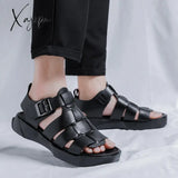 Xajzpa - Genuine Leather Sandals For Men Black Buckle Strap Thick Bottom Shoes Free Shipping Size