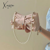 Xajzpa - Girly Pearl Bow Cute Underarm Bag Fairy Women’s Small Pink Shoulder Soft Pu Leather