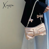 Xajzpa - Girly Pearl Bow Cute Underarm Bag Fairy Women’s Small Pink Shoulder Soft Pu Leather