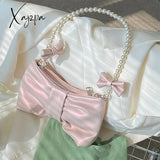 Xajzpa - Girly Pearl Bow Cute Underarm Bag Fairy Women’s Small Pink Shoulder Soft Pu Leather