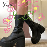 Xajzpa - Goth Platform High Heels Zip Chunky Women’s Boots Black Punk Thick Bottom Motorcycle