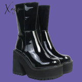 Xajzpa - Goth Platform High Heels Zip Chunky Women’s Boots Black Punk Thick Bottom Motorcycle