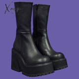 Xajzpa - Goth Platform High Heels Zip Chunky Women’s Boots Black Punk Thick Bottom Motorcycle