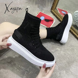 Xajzpa - Green Knit Elastic Mesh Boots Women Autumn Slip On Platform Ankle Boot Woman Thick