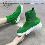 Xajzpa - Green Knit Elastic Mesh Boots Women Autumn Slip on Platform Ankle Boot Woman Thick Hith-top Sneakers Breathable Sock Shoes