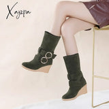 Xajzpa - High Heel Mid-Calf Boots Women Wedges Ladies Buckle Shoes Woman Winter Flock Warm Martin