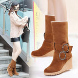 Xajzpa - High Heel Mid-Calf Boots Women Wedges Boots Ladies Buckle Shoes Woman Winter Shoes Flock Warm Boots Martin Snow Boots MAZIAO