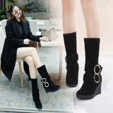 Xajzpa - High Heel Mid-Calf Boots Women Wedges Ladies Buckle Shoes Woman Winter Flock Warm Martin