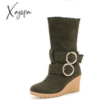 Xajzpa - High Heel Mid-Calf Boots Women Wedges Ladies Buckle Shoes Woman Winter Flock Warm Martin