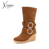 Xajzpa - High Heel Mid-Calf Boots Women Wedges Ladies Buckle Shoes Woman Winter Flock Warm Martin