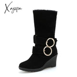 Xajzpa - High Heel Mid-Calf Boots Women Wedges Ladies Buckle Shoes Woman Winter Flock Warm Martin