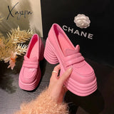Xajzpa - High Heeled Women Square Toe Women’s Loafers 2023 New Chunky Heel Sandals Leather Casual