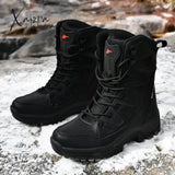 Xajzpa - High Quality Waterproof Boots Men Military Leather Tactical Combat Plush Warm Platform