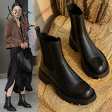 Xajzpa - Hot Sales Fall/Winter Shoes Women Leather Ankle Boots Round Toe Thick Heel Solid Chelsea