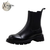 Xajzpa - Hot Sales Fall/Winter Shoes Women Leather Ankle Boots Round Toe Thick Heel Solid Chelsea