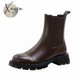 Xajzpa - Hot Sales Fall/Winter Shoes Women Leather Ankle Boots Round Toe Thick Heel Solid Chelsea