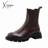 Xajzpa - Hot Sales Fall/Winter Shoes Women Leather Ankle Boots Round Toe Thick Heel Solid Chelsea