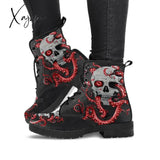 Xajzpa - Hot Skeleton Women Snow Ankle Boots Motorcycle Skull Pansy Low Heels Shoes Vintage Pu