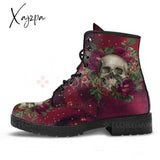 Xajzpa - Hot Skeleton Women Snow Ankle Boots Motorcycle Skull Pansy Low Heels Shoes Vintage Pu