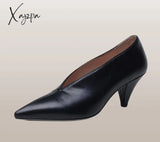 Xajzpa - Hot Women Genuine Leather Shoes Cow Leather Sheep Suede Spike Heels Pointed Toe Pumps