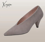 Xajzpa - Hot Women Genuine Leather Shoes Cow Leather Sheep Suede Spike Heels Pointed Toe Pumps