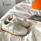 Xajzpa - Ins Brand Leather White Sneakers For Women 2023 Ladies Flats Lace Up Female Vulcanized