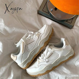 Xajzpa - Ins Brand Leather White Sneakers For Women 2023 Ladies Flats Lace Up Female Vulcanized