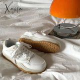 Xajzpa - Ins Brand Leather White Sneakers For Women 2023 Ladies Flats Lace Up Female Vulcanized