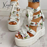 Xajzpa - Ins Hot Print Leisure Wedges Women’s Shoes Summer Women Sandals Platform Shoelaces High