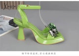 Xajzpa - Ins New Design Sense High Heels Female 2023 Square Head Flower Rhinestone Back Buckle Open