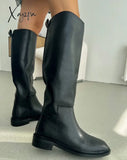 Xajzpa - Ins Women Knee High Boots Genuine Leather Heeled Autumn Winter Warm Shoes Woman Snow