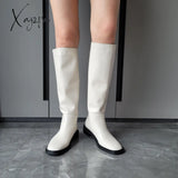 Xajzpa - Ins Women Knee High Boots Genuine Leather Heeled Autumn Winter Warm Shoes Woman Snow