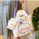 Xajzpa - Kawaii Shoulder Bag For Girls Bear Rabbit Tote Handbags Canvas Large Capacity Student Book