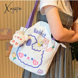 Xajzpa - Kawaii Shoulder Bag For Girls Bear Rabbit Tote Handbags Canvas Large Capacity Student Book