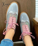 Xajzpa - Lace-Up Sequins Insert Chunky Heeled Boots Blue / 5