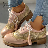 Xajzpa - Lace-Up Sequins Insert Chunky Heeled Boots Goldpink / 5