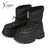 Xajzpa - Ladies Black Down Cross Straps High Heels Platform Snow Boots Women Punk Booties Winter