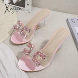 Xajzpa - Ladies Sexy Female Rhinestone Transparent Heel Wedges Slip On Shoe High Crystal Sandals